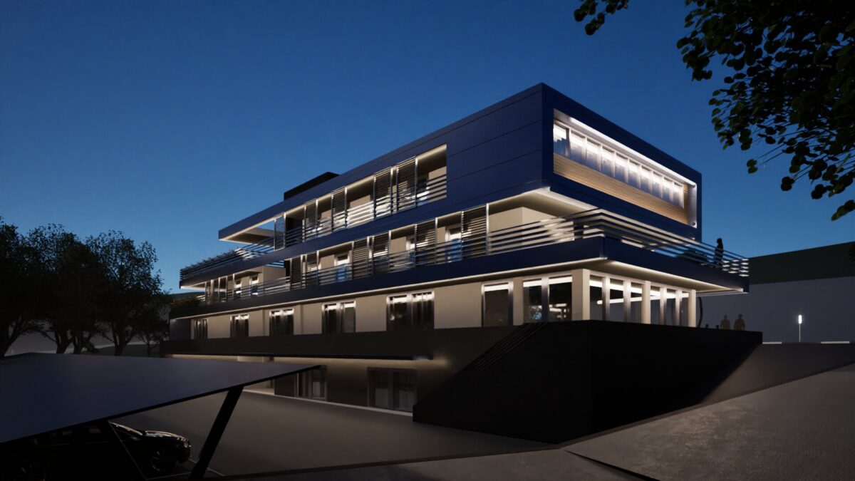 render progetto architettonico vista notturna